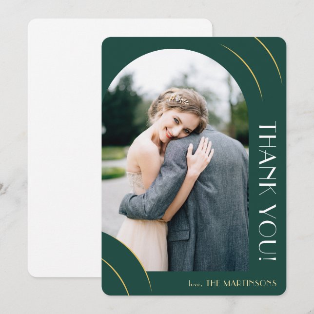 Tarjeta De Agradecimiento Boda fotográfico de oro y verde esmeralda moderno (Anverso / Reverso)