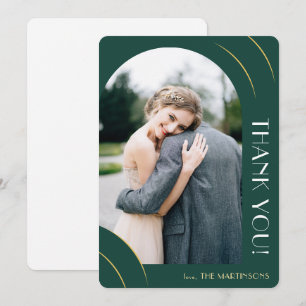 Tarjeta De Agradecimiento Boda fotográfico de oro y verde esmeralda moderno