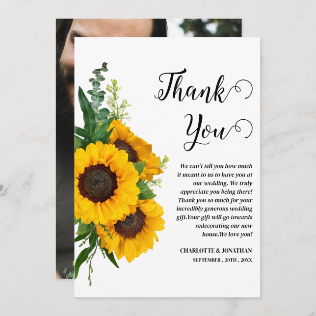 Tarjeta De Agradecimiento Boda fotográfico de Personalizado de girasol ruso (Anverso / Reverso)