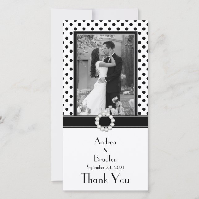 Tarjeta De Agradecimiento Boda fotográfico de Punto Polka Blanco Negro (Anverso)