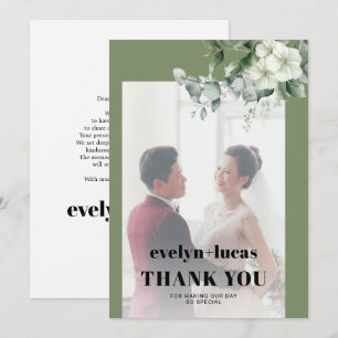 Tarjeta De Agradecimiento Boda fotográfico de ramas y flores blancas de euca