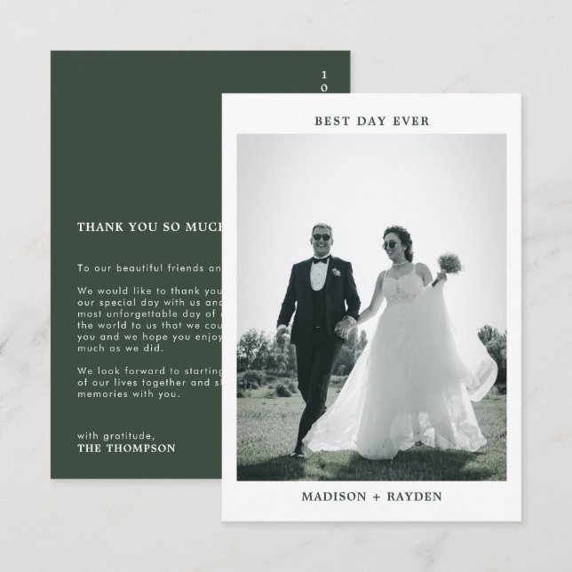 Tarjeta De Agradecimiento Boda fotográfico de tipografía verde oscuro (Anverso / Reverso)
