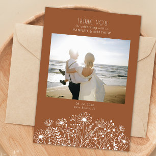 Tarjeta De Agradecimiento Boda fotográfico de Wildflowers Retro Burnt Naranj