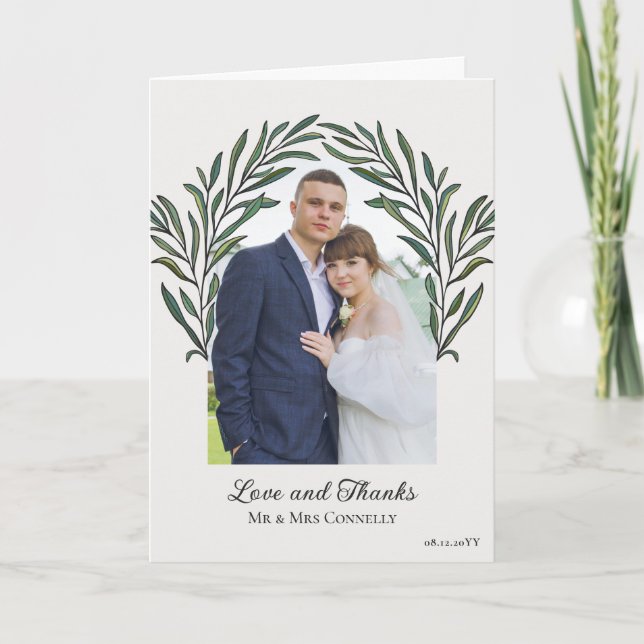 Tarjeta De Agradecimiento Boda fotográfico del arco verde blanco fuera (Anverso)