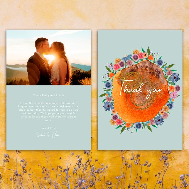 Tarjeta De Agradecimiento Boda fotográfico del Boho azul claro del jardín (Front/Back)