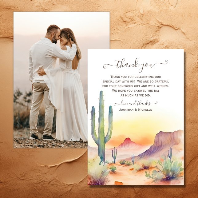 Tarjeta De Agradecimiento Boda fotográfico del Desierto y el Cactus del Suro (Southwestern Desert and Cactus Photo Wedding Thank You Card)