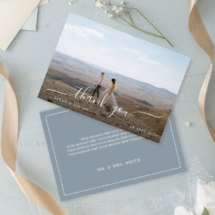Tarjeta De Agradecimiento Boda fotográfico Dusty Blue Calligraphy minimalist