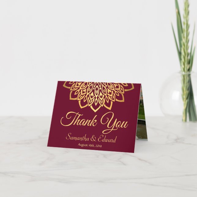 Tarjeta De Agradecimiento Boda fotográfico elegante de oro de Borgoña (Anverso)