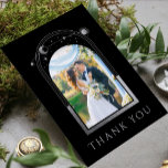 Tarjeta De Agradecimiento Boda fotográfico estrella de luna mística de color<br><div class="desc">Moda mística Boda de fotografía espacial Celestial de Black Silver Sun Moon Stars Gracias Cards presenta el sol, la luna y las estrellas con un marco plateado que rodea tu foto favorita en un fondo negro. Al contrario, añada su mensaje de agradecimiento a su personalizado. Personalice editando el texto en...</div>