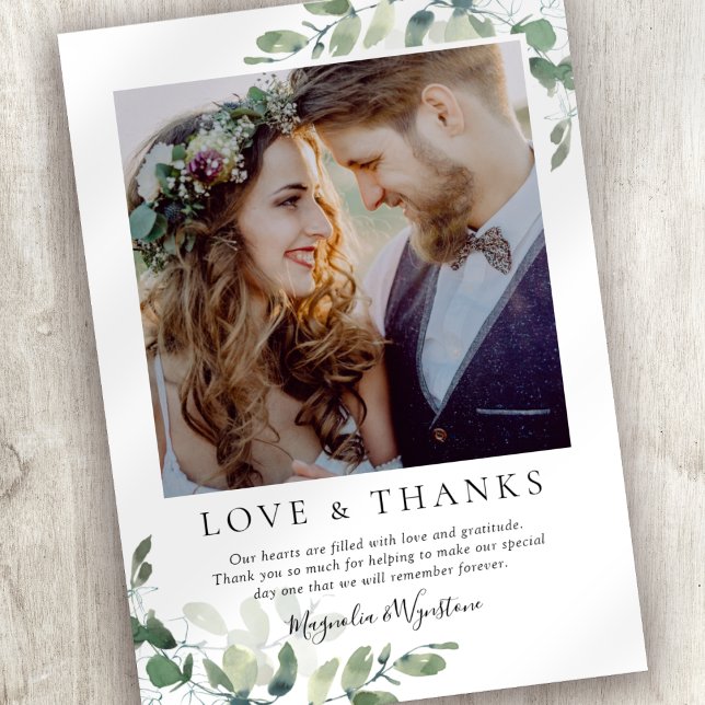 Tarjeta De Agradecimiento Boda fotográfico Eucalyptus (Thank friends and family for celebrating your wedding with this eucalyptus photo thank you card. )