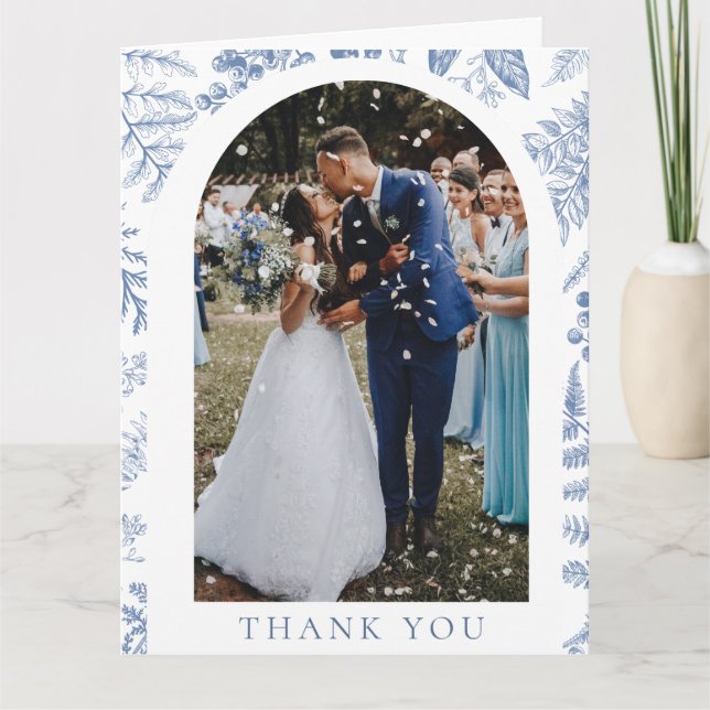 Tarjeta De Agradecimiento Boda fotográfico floral azul blanco brillante (Anverso)