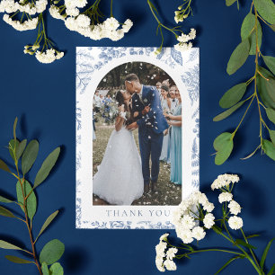 Tarjeta De Agradecimiento Boda fotográfico floral azul blanco brillante