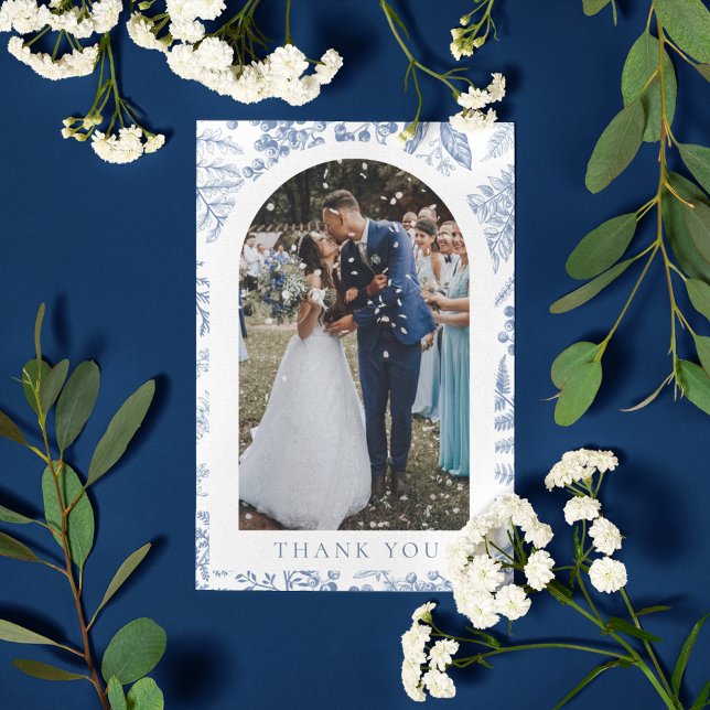 Tarjeta De Agradecimiento Boda fotográfico floral azul blanco brillante (Blue White Willow Floral Photo Wedding Thank You Card)