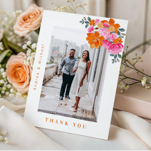 Tarjeta De Agradecimiento Boda fotográfico floral Naranja y rosa de verano f
