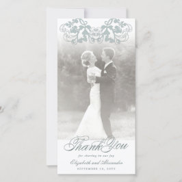 Tarjeta De Agradecimiento Boda fotográfico floreciente floral azul de Damask