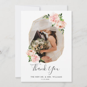 Tarjeta De Agradecimiento Boda fotográfico geométrico Rubor Pink Floral Gold