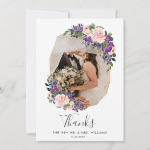 Tarjeta De Agradecimiento Boda fotográfico geométrico Rubor Purple Floral Go