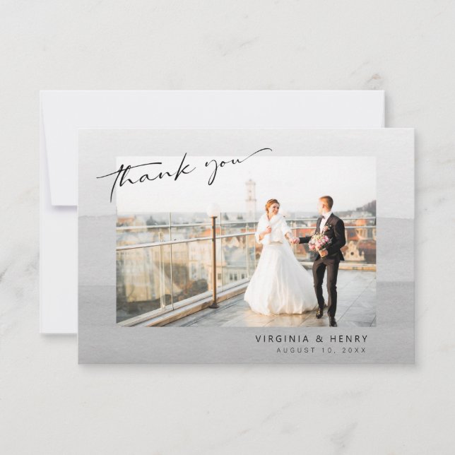 Tarjeta De Agradecimiento Boda fotográfico gris moderno (Anverso)
