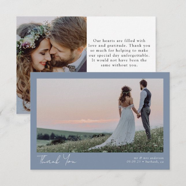 Tarjeta De Agradecimiento Boda fotográfico Minimalista azul 2 (Anverso / Reverso)