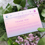 Tarjeta De Agradecimiento Boda fotográfico místico de la estrella de la luna<br><div class="desc">Moda mística Sunset Pink Sun Moon Stars Celestial Space Photo Boda Gracias a las tarjetas presenta el sol, la luna y las estrellas con un marco rosa y violeta en un fondo de playa pastel con puesta de sol. Personalice editando el texto en los cuadros de texto proporcionados y agregando...</div>