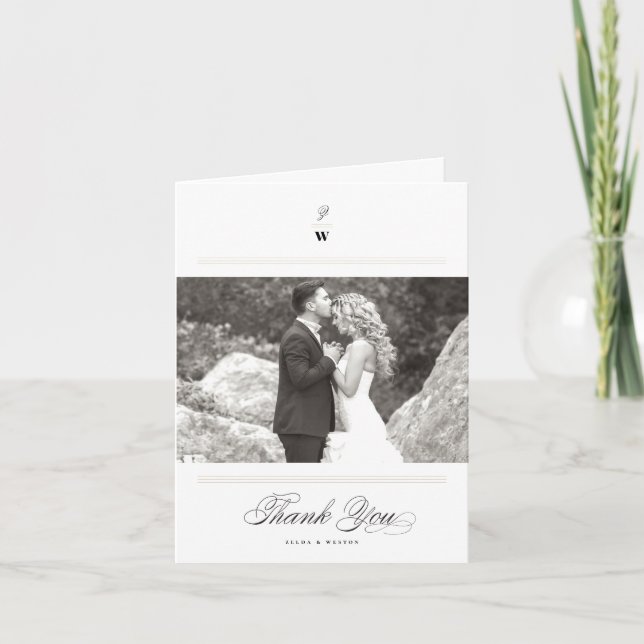 Tarjeta De Agradecimiento Boda fotográfico moderno con doble monograma de ba (Anverso)