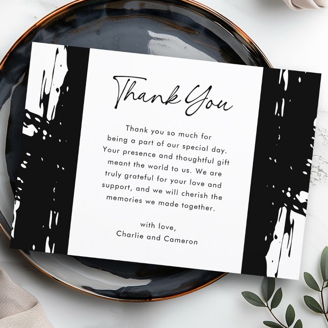 Tarjeta De Agradecimiento Boda fotográfico moderno con pinceladas chocantes  (Black messy brushstrokes modern photo wedding thank you card)