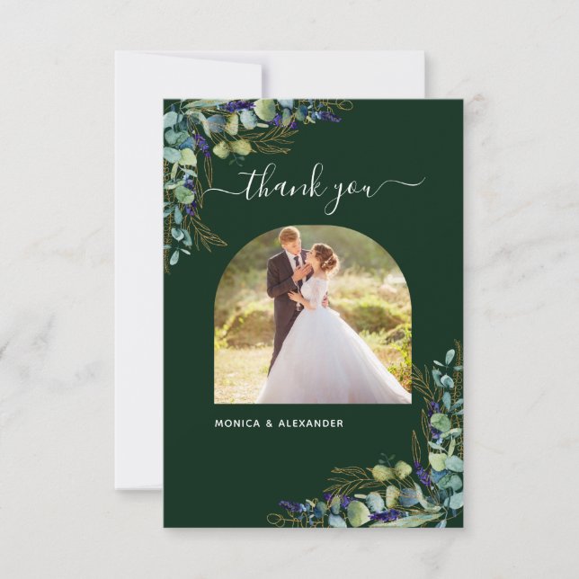 Tarjeta De Agradecimiento Boda fotográfico moderno y verde esmeralda (Anverso)