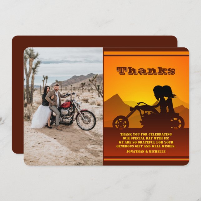 Tarjeta De Agradecimiento Boda fotográfico Motorcycle Couple Mountain Sunset (Anverso / Reverso)