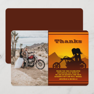 Tarjeta De Agradecimiento Boda fotográfico Motorcycle Couple Mountain Sunset