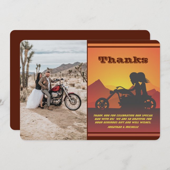 Tarjeta De Agradecimiento Boda fotográfico Motorcycle Couple Mountain Sunset (Anverso / Reverso)