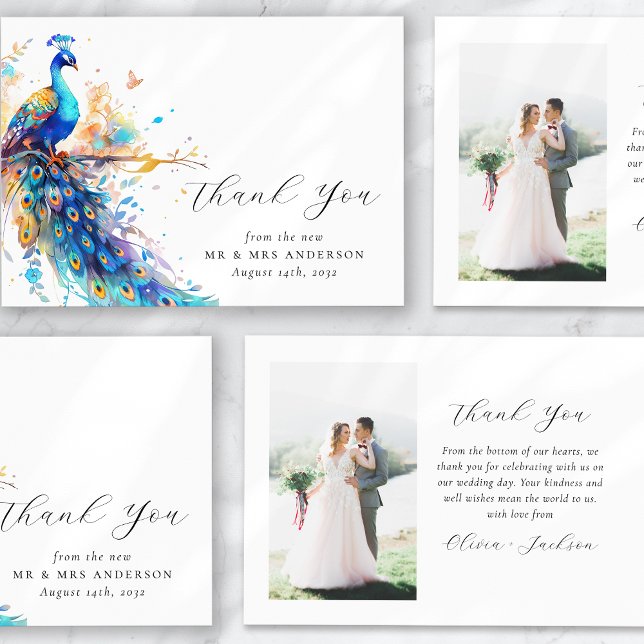 Tarjeta De Agradecimiento Boda fotográfico Peacock Blue Gold (Subido por el creador)