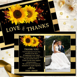 Tarjeta De Agradecimiento Boda fotográfico rayado de oro de girasol