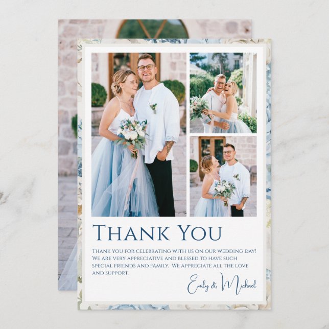 Tarjeta De Agradecimiento Boda fotográfico romántico con flores azules (Anverso / Reverso)