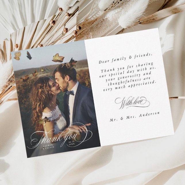 Tarjeta De Agradecimiento Boda fotográfico romántico de caligrafía blanca (Subido por el creador)