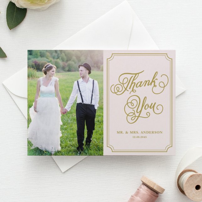Tarjeta De Agradecimiento Boda fotográfico Rubor y Gold Whimsical Script (Subido por el creador)