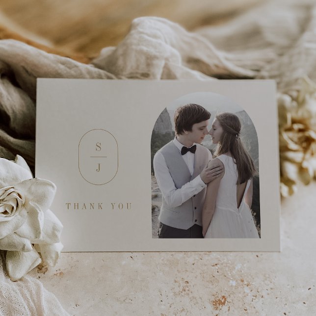 Tarjeta De Agradecimiento BODA fotográfico SHYLAH Flat Minimal Gold Cream Bo (SHYLAH Flat Minimal Gold Cream Boho Photo Wedding Thank You Card)