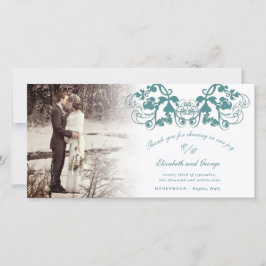 Tarjeta De Agradecimiento Boda fotográfico verde azulado de Damask Floral Fl