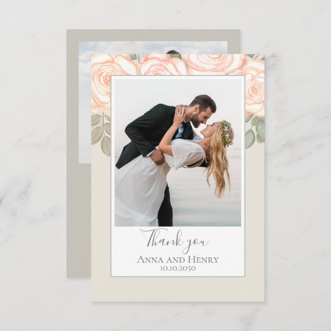 Tarjeta De Agradecimiento Boda fotográfico verde sabio Personalizado Rubor F (Anverso / Reverso)