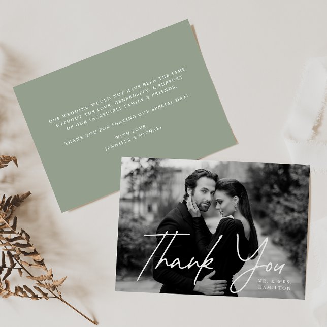 Tarjeta De Agradecimiento Boda fotográfico verde Sage con guión asual (Subido por el creador)