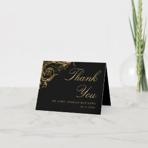 Tarjeta De Agradecimiento Boda fotográfico Vintage Black Gold Floral Damask
