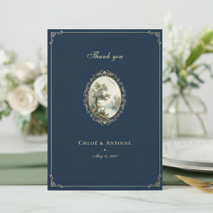 Tarjeta De Agradecimiento Boda francés pastoral azul marino y dorado