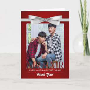 Tarjeta De Agradecimiento Boda Gay Roja de Dos Novios en Blanco