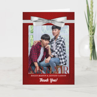 Tarjeta De Agradecimiento Boda Gay Roja de Dos Novios en Blanco