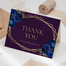 Tarjeta De Agradecimiento Boda Geo de oro Purple Royal Blue Floral