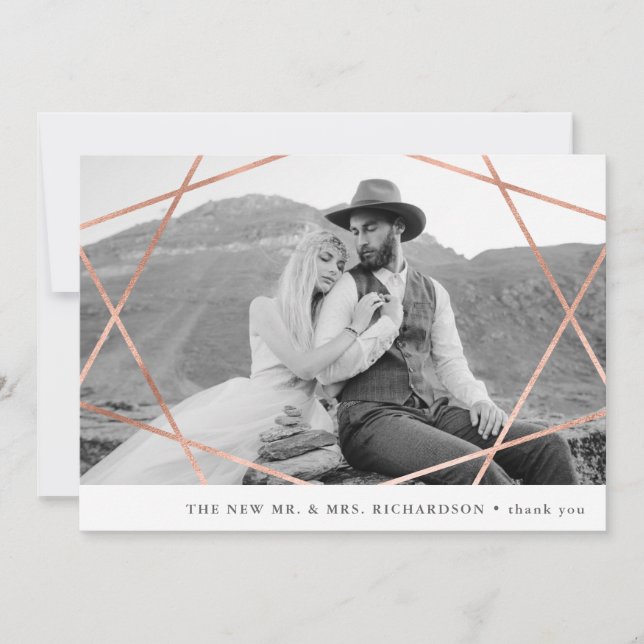 Tarjeta De Agradecimiento Boda Geo| Faux Copper con Photo Gracias (Anverso)