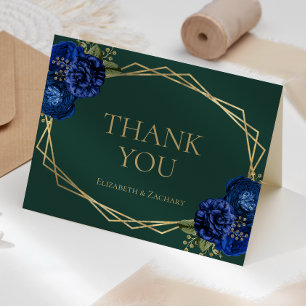 Tarjeta De Agradecimiento Boda Geo Floral Verde Esmeralda Azul Real Dorado