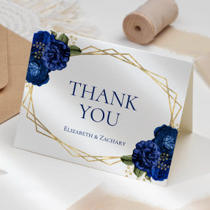 Tarjeta De Agradecimiento Boda geométrica floral azul real dorada blanca