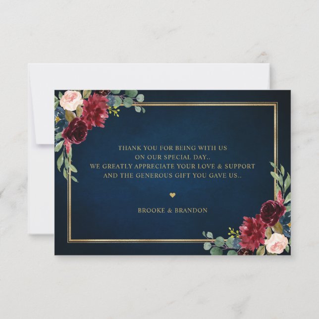 Tarjeta De Agradecimiento Boda Geométrica Floral Borgoña Azul Marino Rosado  (Reverso)