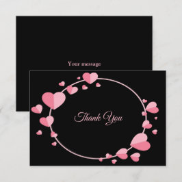 Tarjeta De Agradecimiento Boda geométrica negra con patrón de corazón rosa