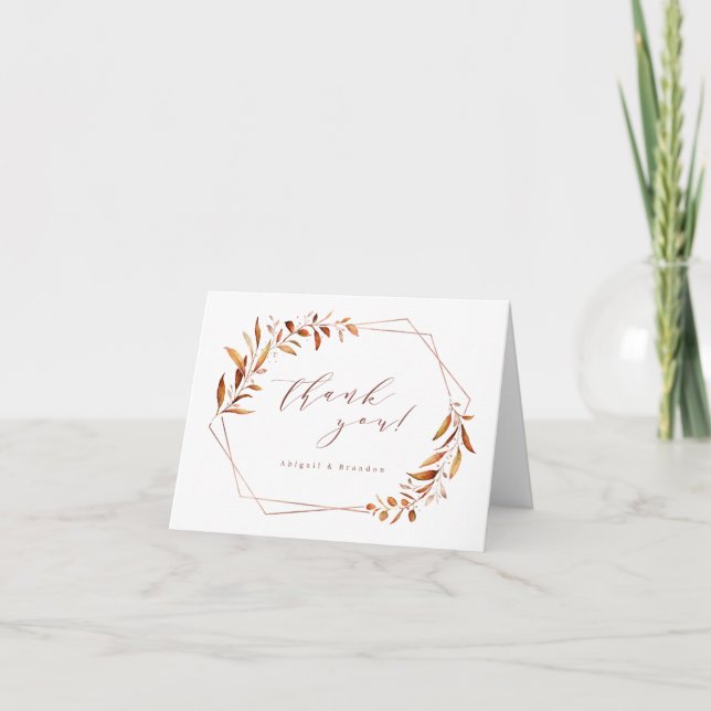 Tarjeta De Agradecimiento Boda geométrica rústica con vegetación de otoño mo (Anverso)